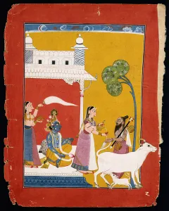 Rukmini offering water to the sage Narada while her consort Krishna sits in her house, c Rukmini offering water to the sage Narada while her consort Krishna sits in her house, c