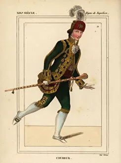 France Francais Francaise Francaises Gallery: Runner - Livery of a English courier, Napoleonic era. Handcoloured lithograph by Leopold Massard