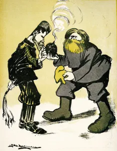 Russian Czar Nicholas II being given the choice between war and Liberty, 1905. (litho) Russian Czar Nicholas II being given the choice between war and Liberty, 1905. (litho)