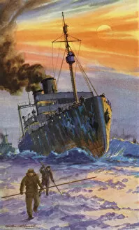Russian Ice-breaker at work (colour litho)