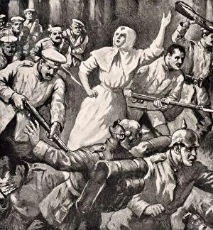 War & Military Scenes: 20th Century Gallery: Russian nurse Mira Miksailovitch Ivanoff leading men against Germans, 1915