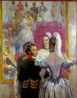 Russian poet Alexander Pushkin (Pushkin) (1799-1837) and his wife Natalia Gontcharova (Goncharova) at the Anichkof Palace Ball. Painting by Nikolai Pavlovich Ulyanov (Ulyanov) (1875-1949), 1935-1937. Oil on canvas. Pushkin Museum, Saint Petersburg Russian poet Alexander Pushkin (Pushkin) (1799-1837) and his wife Natalia Gontcharova (Goncharova) at the Anichkof Palace Ball. Painting by Nikolai Pavlovich Ulyanov (Ulyanov) (1875-1949), 1935-1937. Oil on canvas. Pushkin Museum, Saint Petersburg