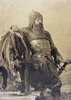 Russian solider with his horse, 1885 (engraving)