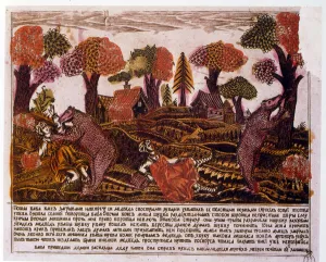 Russian traditional woodcut Illustration depicting wild bears attacking two women in the countryside. 1820 (engraving) Russian traditional woodcut Illustration depicting wild bears attacking two women in the countryside. 1820 (engraving)