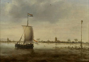 Sailing Vessels Gallery: A Sailing Ship Along the Coast of a Dutch Town thought to be Schoonhoven, 1640-76 (oil on panel)