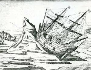 Galleon Collection: Sailing ship stranded on Iceberg, Illustration from India Orientalis 1598