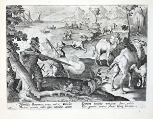 746977 Sailors in a horrid barbarian country kill camels with muskets to relieve their hunger, illustration from Venationes, Ferarum, Avium, Piscium (Of Hunting: Wild Beasts, Birds, Fish), engraved by Jan Collaert (1566-1628), pub. by Phillipus Gallaeus, Amsterdam (engraving)
by Straet, Jan van der (Joannes Stradanus) (1523-1605); Private Collection; (add.info.: Equile seu speculum equorum, in quo omnis generis generosissimorum equorum ex variis orbis partibus insignis delectus. Ad vivum omnes delinead a... Stradano.
Engravings: A. Collaert, H. Wierix, H. Goltzius, C. de Mallery, C. Galle, T. Galle, J. Collaert.); The Stapleton Collection Sailors in a horrid barbarian country kill camels with muskets to relieve their hunger, illustration from Venationes, Ferarum, Avium, Piscium (Of Hunting: Wild Beasts, Birds, Fish), engraved by Jan Collaert (1566-1628), pub