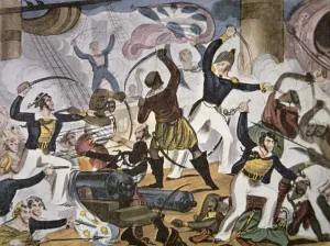 Sailors of the Royal Navy boarding Algerine pirate vessel, c.1820 (colour litho) Sailors of the Royal Navy boarding Algerine pirate vessel, c.1820 (colour litho)