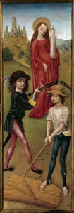 Saint Barbe and two peasants mowing the bles Painting on wood of the Spanish School Saint Barbe and two peasants mowing the bles Painting on wood of the Spanish School