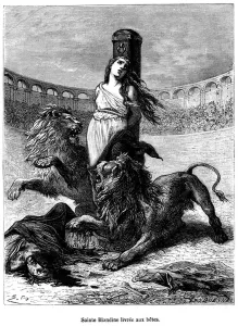 PCT4274666 Saint Blandine is a Christian of Levantine origin or more probably Micrasiate origin from the first Christian community of Lugdunum. She was martyred during the month of July 177 under Marc-Aurele. Liturgical feast on June 2 (synax of all the Martyrs of Lyon, the day of the death of the first of them the eveque Pothin. Engraving by Emile Bayard from Henri Martin's 'Histoire de France populaire', 19th century. by Bayard, Emile Antoine (1837-91); (add.info.: Saint Blandine delivered to beets - fauves - lions - Sainte Blandine de Lyon is a Christian of Levantine origin or more probably Micrasiate origin from the first Christian community of Lugdunum. She was martyred during the month of July 177 under Marc-Aurele. Liturgical feast on June 2 (synax of all the Martyrs of Lyon, the day of the death of the first of them the eveque Pothin. Engraving by Emile Bayard from Henri Martin's 'Histoire de France populaire', 19th century.); Photo © Gusman Saint Blandine is a Christian of Levantine origin or more probably Micrasiate origin from the first Christian community of Lugdunum. She was martyred during the month of July 177 under Marc-Aurele