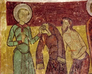 Saint Giles gives his cloak to the sick beggar, 12th century (fresco) Saint Giles gives his cloak to the sick beggar, 12th century (fresco)