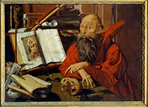 Saint Jerome Meditant - Painting (Vanita) by Marinus Claeszoon van Reymerswaele