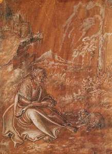 Saint John the Baptist seated in a Mountainous Landscape (ink on paper) Saint John the Baptist seated in a Mountainous Landscape (ink on paper)