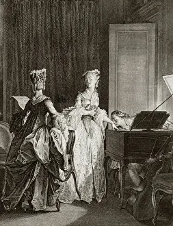 Saint Preux and Claire at the harpsichord in ' Julie ou la nouvelle Heloise' by the Swiss philosopher Jean Jacques (Jean-Jacques) Rousseau (1712-1778) - engraving by Moreau le jeune, Jean Michel (1741-1814) (Saint-Preux) Saint Preux and Claire at the harpsichord in ' Julie ou la nouvelle Heloise' by the Swiss philosopher Jean Jacques (Jean-Jacques) Rousseau (1712-1778) - engraving by Moreau le jeune, Jean Michel (1741-1814) (Saint-Preux)
