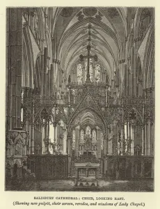 Salisbury Cathedral, choir, looking east, showing new pulpit, choir screen, reredos Salisbury Cathedral, choir, looking east, showing new pulpit, choir screen, reredos