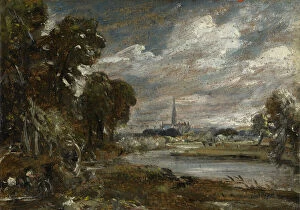 Impasto Gallery: Salisbury Cathedral from the River Nadder, c.1829 (oil on beige wove paper