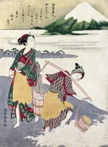 Salt Maidens on the Tago-no-ura Beach with Mt. Fuji Behind (colour woodblock print) Salt Maidens on the Tago-no-ura Beach with Mt. Fuji Behind (colour woodblock print)