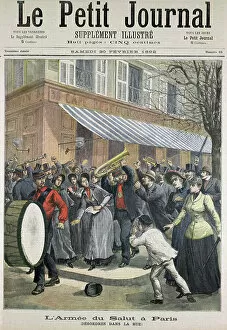 Salvation Collection: Salvation Army march led by drummer being barracked by onlookers in Paris, 1892 (print)