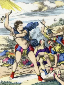 Samson kills a thousand Philistines. Engraving in 'The main facts of holy history'. Epinal Imaging, 4th Series. Pellerin and Cie, printer-publisher, Epinal. End of the 19th century. Dim: 5, 5x3, 5cm Samson kills a thousand Philistines. Engraving in 'The main facts of holy history'. Epinal Imaging, 4th Series. Pellerin and Cie, printer-publisher, Epinal. End of the 19th century. Dim: 5, 5x3, 5cm