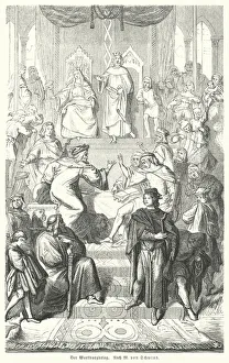5208046 The Sangerkrieg, a contest between minstrels at the Wartburg castle in Thuringia in 1207 (engraving) by Schwind, Moritz Ludwig von (1804-71) (after); Private Collection; (add.info.: The Sangerkrieg, a contest between minstrels at the Wartburg castle in Thuringia in 1207. Illustration from Illustrierte Literaturgeschichte der Vornehmsten Kulturvolker, by Otto von Leixner (Otto Spamer, Leipzig and Berlin, 1880).); © Look and Learn Thuringia Gallery: The Sangerkrieg, a contest between minstrels at the Wartburg castle in Thuringia in 1207 (engraving)
