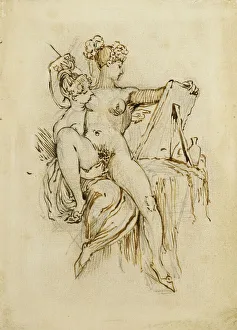 Romantic Era Gallery: Sapphic Love, (pencil and pen and brown ink)