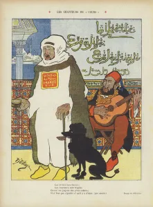 Satire depicting the deposed Moroccan Sultan Abdelaziz and the Ottoman Sultan Abdul Hamid II. (colour litho) Satire depicting the deposed Moroccan Sultan Abdelaziz and the Ottoman Sultan Abdul Hamid II. (colour litho)