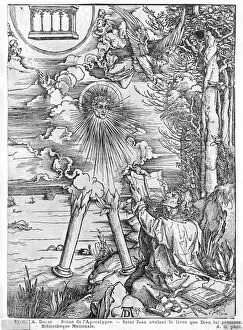 Scene from the Apocalypse, St. John devouring the Book, Latin edition, 1511 (woodcut)