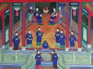 Scene depicting a Chinese imperial official at home seated with his wife (gouache on silk Scene depicting a Chinese imperial official at home seated with his wife (gouache on silk