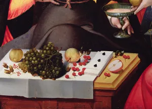 Scene Galante at the Gates of Paris, detail of fruits, playing cards and a goblet Scene Galante at the Gates of Paris, detail of fruits, playing cards and a goblet