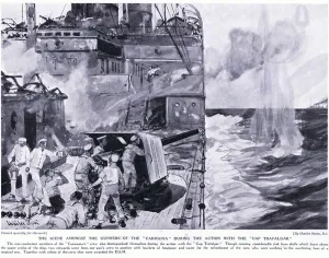 The scene amongst the gunners of the Carmania during the action with the Cap Trafalgar The scene amongst the gunners of the Carmania during the action with the Cap Trafalgar