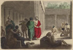 Scene in a gymnasium in Ancient Greece (coloured engraving) Scene in a gymnasium in Ancient Greece (coloured engraving)