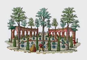 Scene in an Italianate garden (coloured engraving)