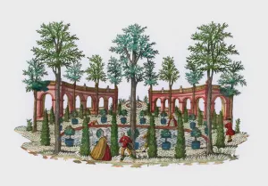 3639662 Scene in an Italianate garden (coloured engraving) by European School, (18th century); Private Collection; (add.info.: Scene in an Italianate garden. Extremely rare example of hand-cut paper, utilising hand-coloured engraving. Probably French of German, 18th century.); Look and Learn / Valerie Jackson Harris Collection Scene in an Italianate garden (coloured engraving)