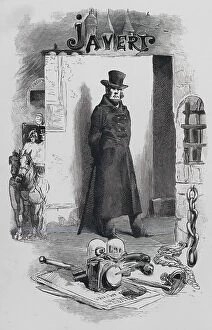 Scene from Les Miserables, by Victor Hugo: Javert, the detective (engraving)