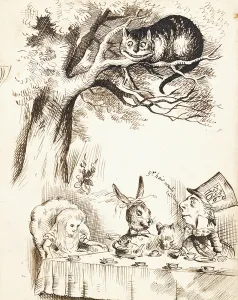 985961 Scene from The Mad Hatter's Tea Party, c.1865 (pen and brown ink) by Tenniel, John (1820-1914); 12.5x9.9 cm; Private Collection; (add.info.: Scene from The Mad Hatter's Tea Party. An Illustration from Alice in Wonderland by Lewis Carroll (1832-1898). John Tenniel (1820-1914). Pen and brown ink. Drawn circa 1865. 12.5 x 9.9cm.); Photo A© Christie's Images; English, out of copyright Scene from The Mad Hatter's Tea Party, c.1865 (pen and brown ink)