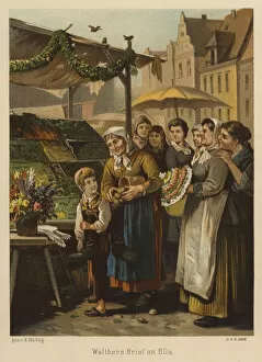 Scene in a market (colour litho)