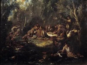 Scene of monastic life Monks breakfast, praying and reading in an undergrowth Scene of monastic life Monks breakfast, praying and reading in an undergrowth