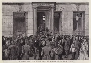 Scene outside the Birkbeck Bank, London, during the building society crisis of 1892 Scene outside the Birkbeck Bank, London, during the building society crisis of 1892