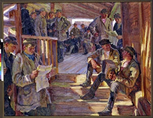 Scene a un poste d'enrolement de l'armee russe ou des hommes discutent, lisent, jouent de l'accordeon