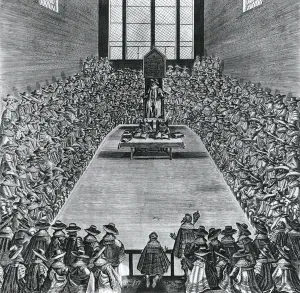 Prints of BAL161924 King James I (1566-1625) in the Houses of Parliament, 1624 (engraving) (b/w photo) by English School, (17th century); British Museum, London Politic Prints: King James I in the Houses of Parliament Print