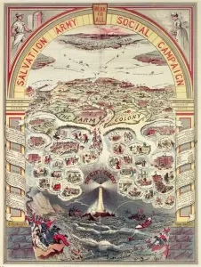 Prints of XND75970 Salvation Army Social Campaign propaganda poster, London, c.1910 (chromolitho) by English School, (20th century); Private Collection; (add.info.: In Darkest England and the Way Out) Poster Prints: A chromolithograph print of a Salvation Army poster, created around 1910