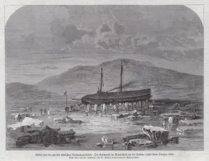 6001321 Schooner Germania at Sabine Island off the east coast of Greenland, second German North Polar Expedition, late October 1869 (engraving) by German School, (19th century); Private Collection; (add.info.: Schooner Germania at Sabine Island off the east coast of Greenland, second German North Polar Expedition, late October 1869. Illustration from Illustrierte Zeitung (Leipzig, 14 January 1871).); © Look and Learn Schooner Germania at Sabine Island off the east coast of Greenland, second German North Polar Expedition, late October 1869 (engraving)