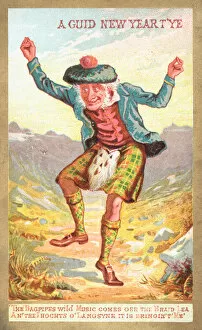 Scotsman Dancing! New Year Card (chromolitho)
