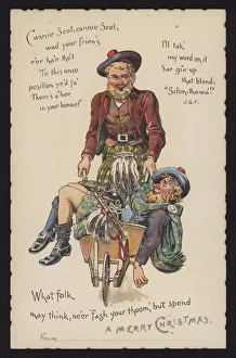 Scotsman taking his drunken friend home in a wheelbarrow (chromolitho) Scotsman taking his drunken friend home in a wheelbarrow (chromolitho)
