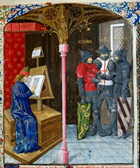 A scribe writing a manuscript, the knights Tristan, Galahad (Gaalad or Galaad) and Lancelot Miniature taken from " A scribe writing a manuscript, the knights Tristan, Galahad (Gaalad or Galaad) and Lancelot Miniature taken from "
