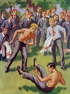 Scruff Ryder: two schoolboys having a fight (colour litho) Scruff Ryder: two schoolboys having a fight (colour litho)