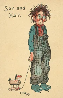 Scruffy boy pulling a toy wooden horse (colour litho) Scruffy boy pulling a toy wooden horse (colour litho)