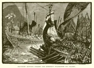 653899 Sea fight between Ptolemy and Demetrius Poliorcetes off Salamis (engraving) by English School, (19th century); Private Collection; (add.info.: Sea fight between Ptolemy and Demetrius Poliorcetes off Salamis. Illustration from Cassell's Illustrated Universal History by Edward Ollier (1890). Digitally cleaned image.); © Look and Learn Sea fight between Ptolemy and Demetrius Poliorcetes off Salamis (engraving)
