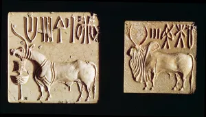 Two seals depicting mythological animals, from Mohenjo-Daro, c.2300 BC (stone) Two seals depicting mythological animals, from Mohenjo-Daro, c.2300 BC (stone)