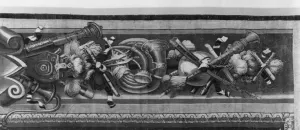 The Seasons tapestry, border, music instruments, c The Seasons tapestry, border, music instruments, c